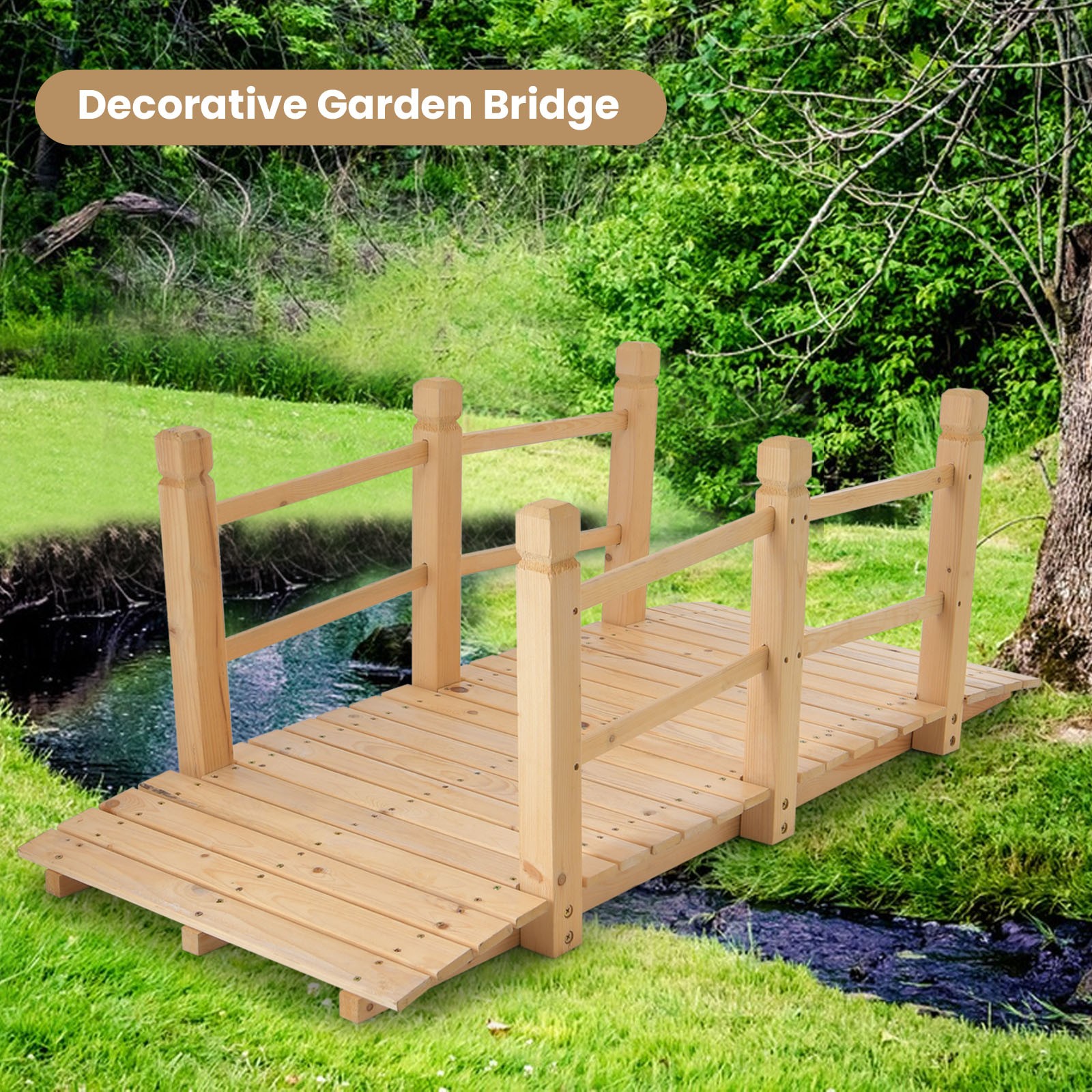 5 FT Wooden Garden Bridge Decorative Landscaping Footbridge w/Rails Natural