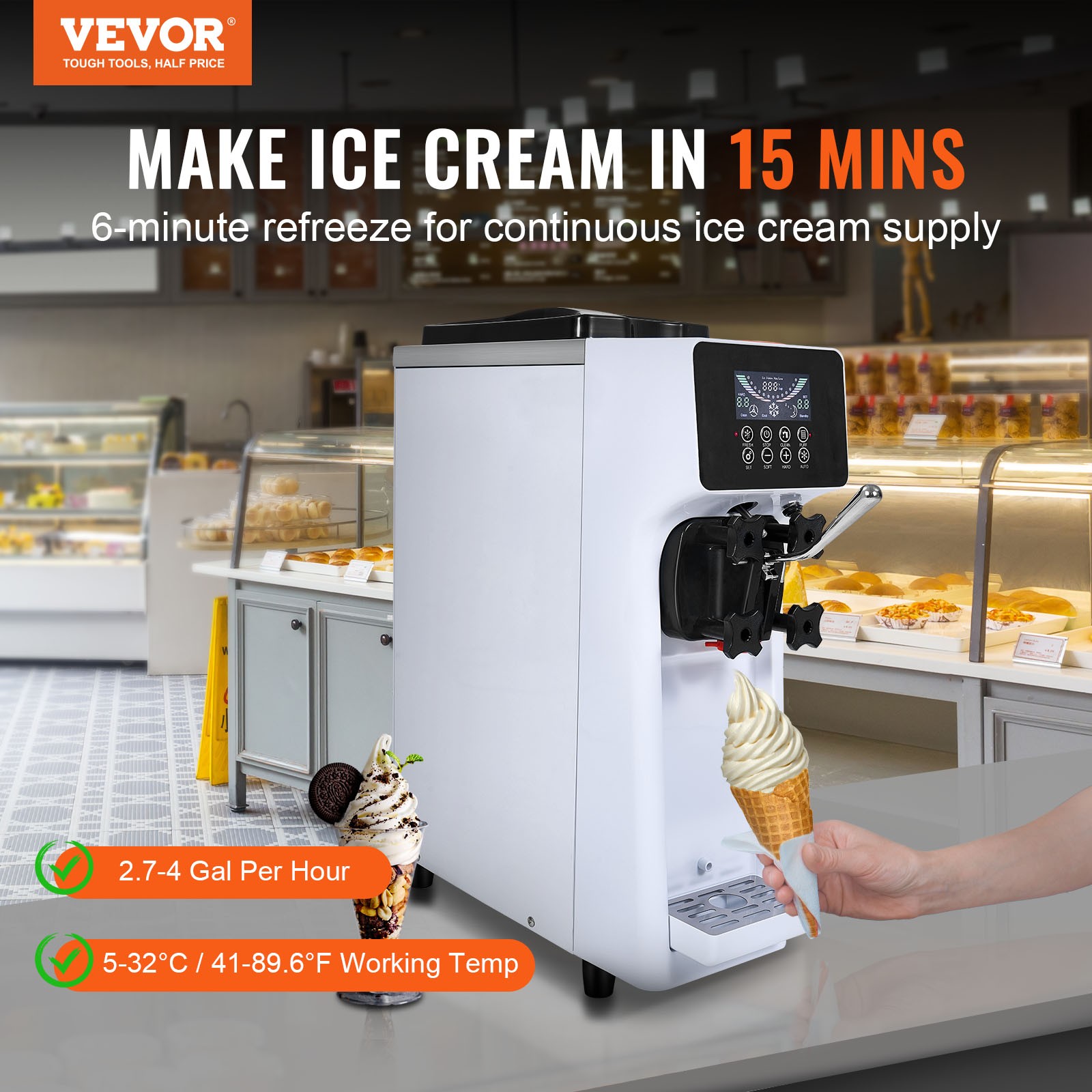 VEVOR Soft Serve Ice Cream Machine Maker 10L/H Yield Single Flavor Countertop