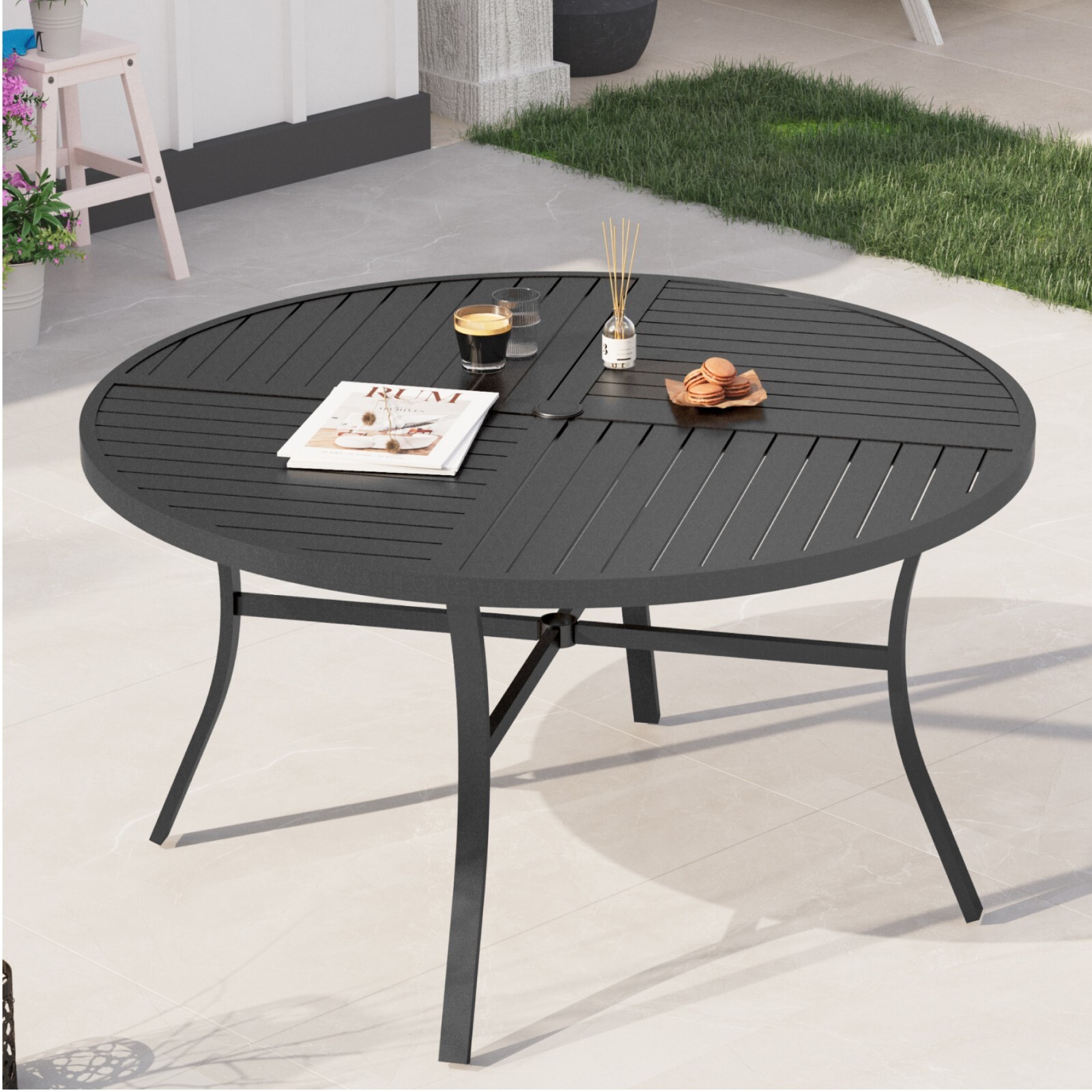 54" Outdoor Dining Table Metal Steel Slat Round Patio Table with Umbrella Hole