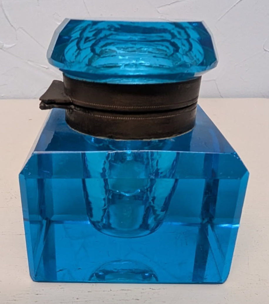 Antique Peacock Blue Glass Ink Well 1880s. Hand cut crystal.