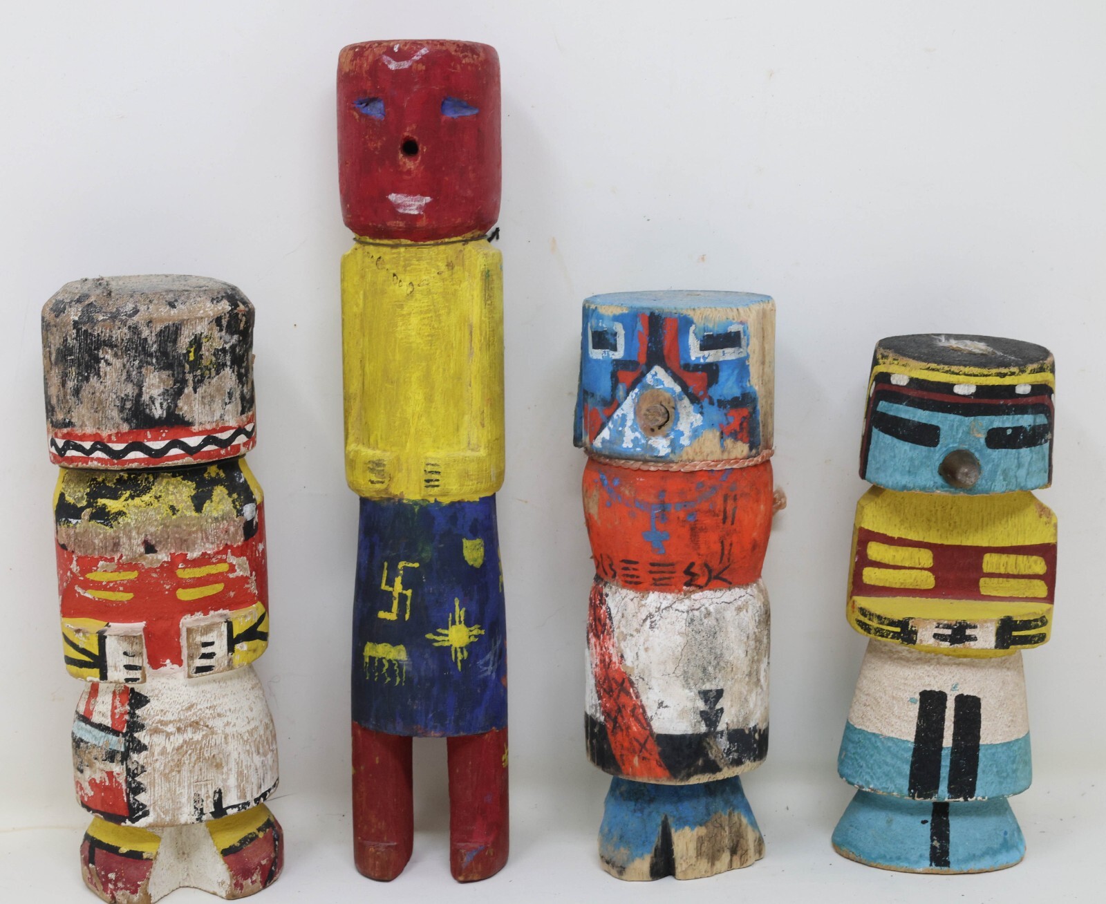 Four Antique Hopi Kachina Dolls Pueblo Indian Painted Wood Carved Sculptures VTG