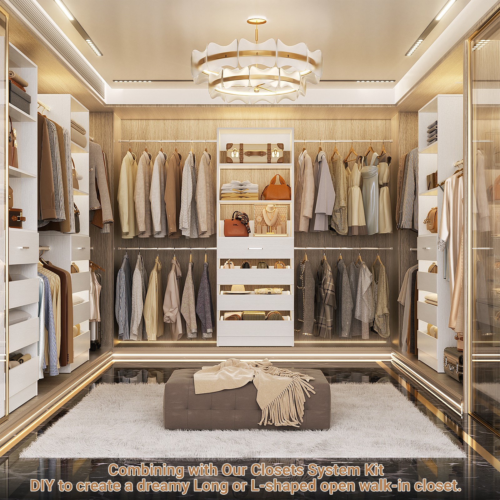 4-9Ft Closet Organizer with 4 Drawers and Hanging Rods, Walk-in Closet System