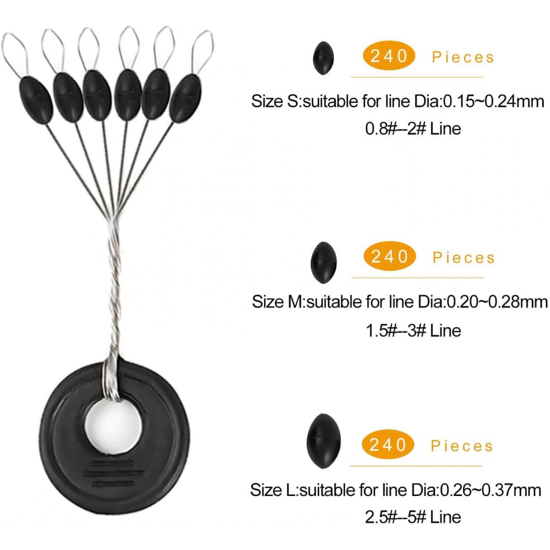 720 PCS Fishing Bobber Stopper Oval Floats Sinker Stops 6 in 1 Black Rubber Size