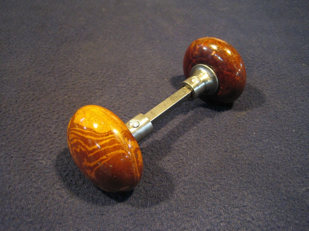 Pair Antique Brown Marble Swirl Tiger Eye Bennington Porcelain Door Knobs 1890's