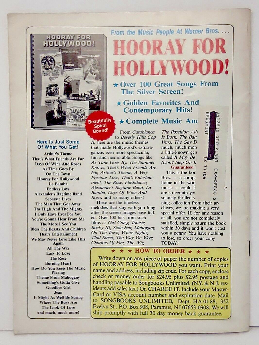 Sheet Music Magazine Hollywood Melodies Piano Guitar August September 1988