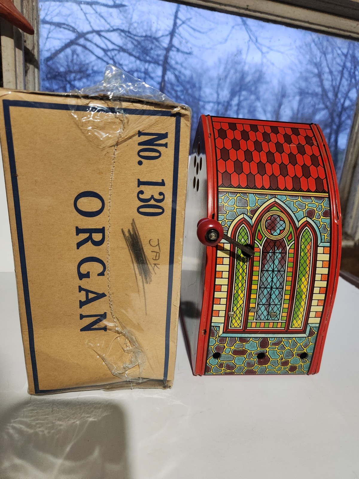 Old Chein Tin Wind Up Musical Cathedral Church Organ With Box