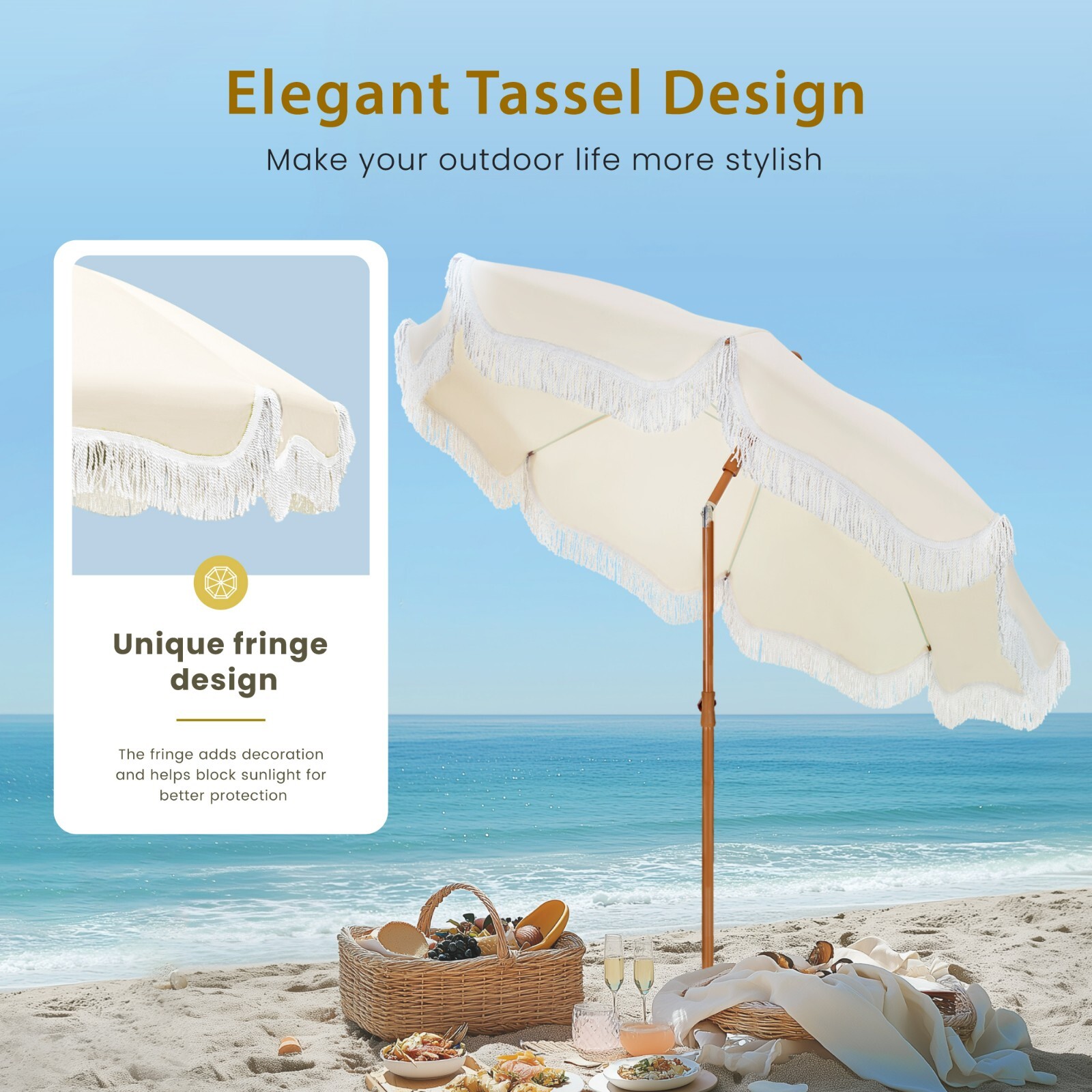 7ft Beach Umbrella with Carry Bag Patio Outdoor Fringe Umbrella Crank Tilt