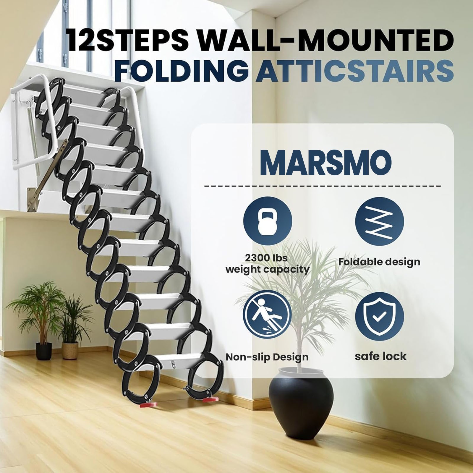 2300 lbs Attic Ladder 10 ft Wall-Mounted Loft Access Staircase Pull Down System