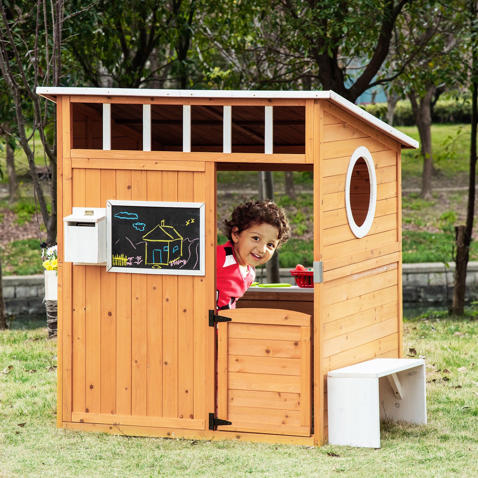 Kids Outdoor Wooden Playhouse Garden Games Cottage with Door Bench Blackboard