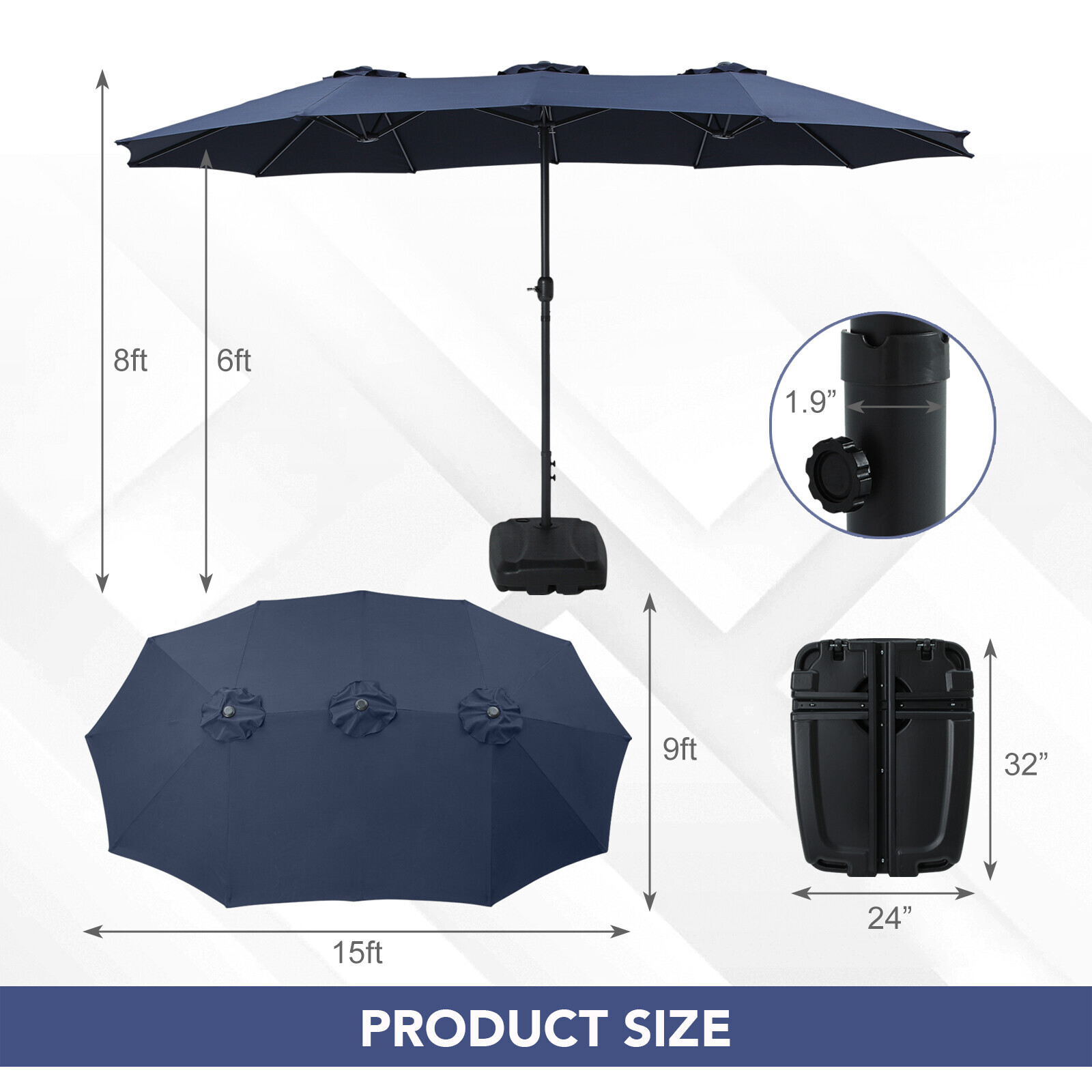 15FT Double-Sided Outdoor Sun Shade Backyard Patio Umbrella Blue w/ Crank & Base