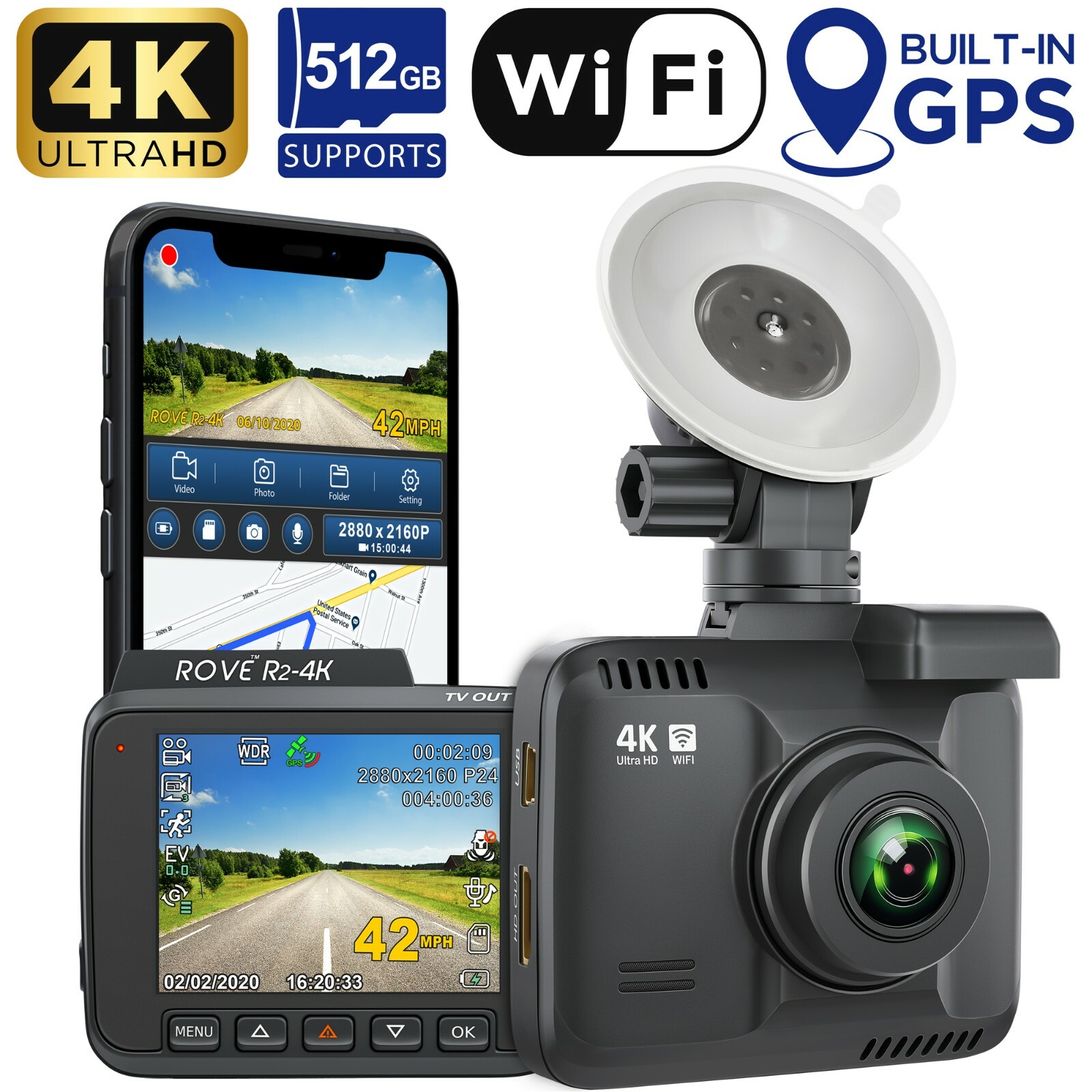 ROVE R2-4K Car Dash Cam Built-in WiFi & GPS [Open Box] with Free Hardwire Kit