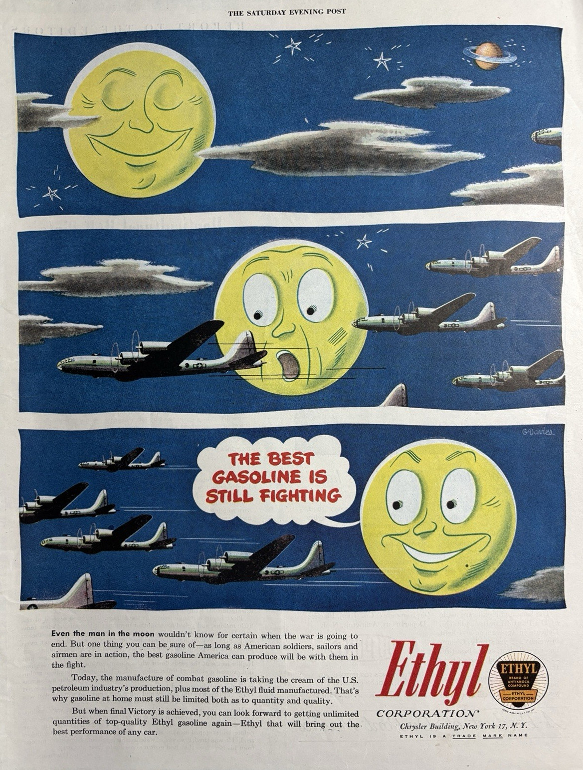 1945 Ethyl Corporation Gasoline Oil Still Fighting WWII Planes VTG Print Ad