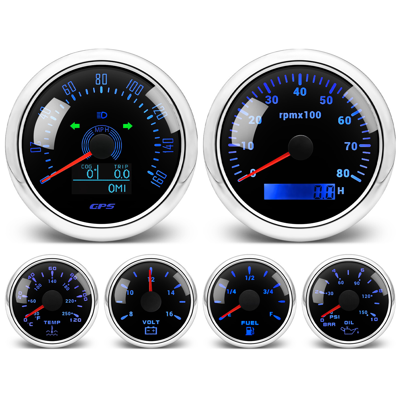 6 Gauge Set 85mm GPS Speedometer 160MPH Tacho&52mm Fuel/Oil/Temp/Volt Gauge US