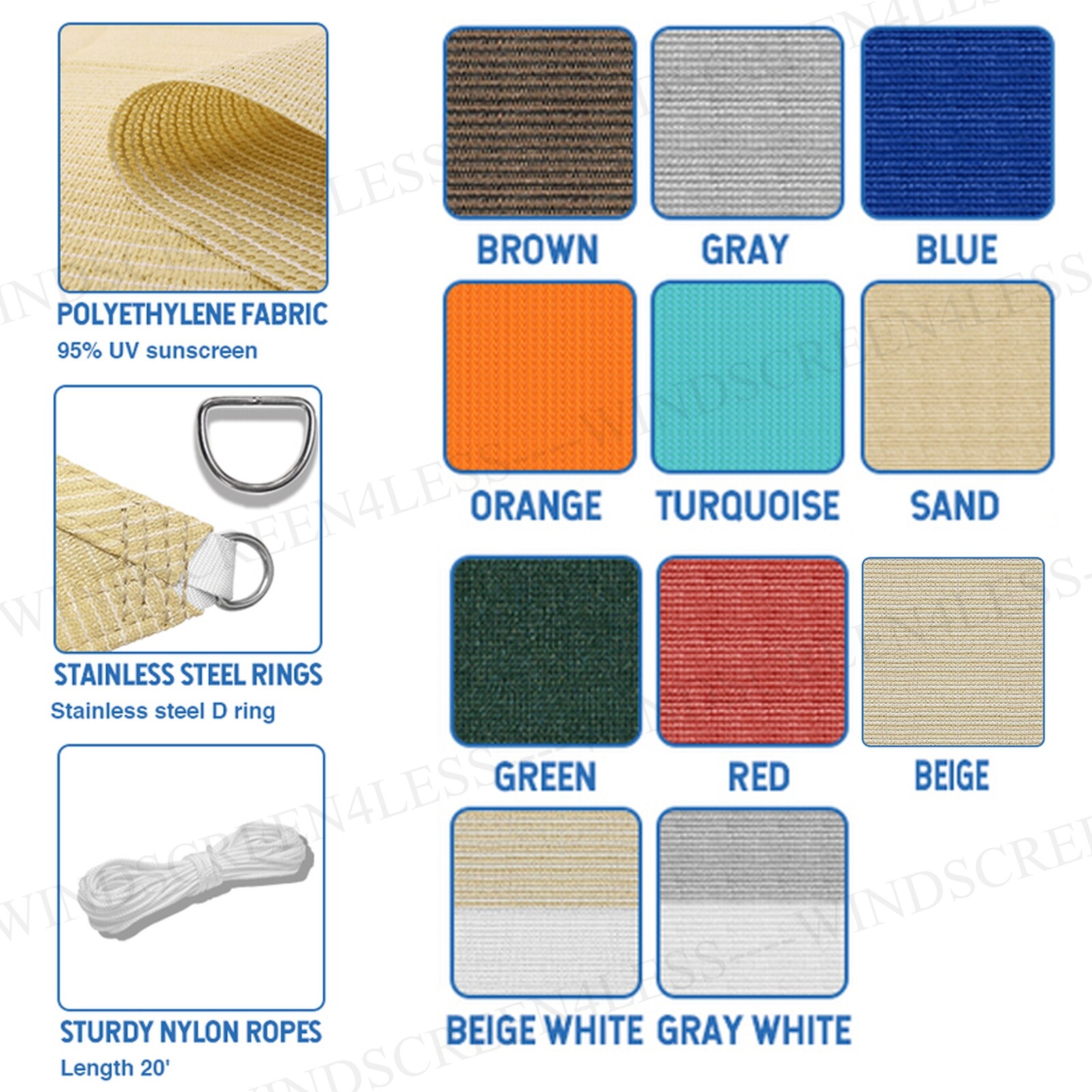 16'x16' Square Sun Shade Sail Fabric Garden Outdoor Canopy Patio Pool Awning