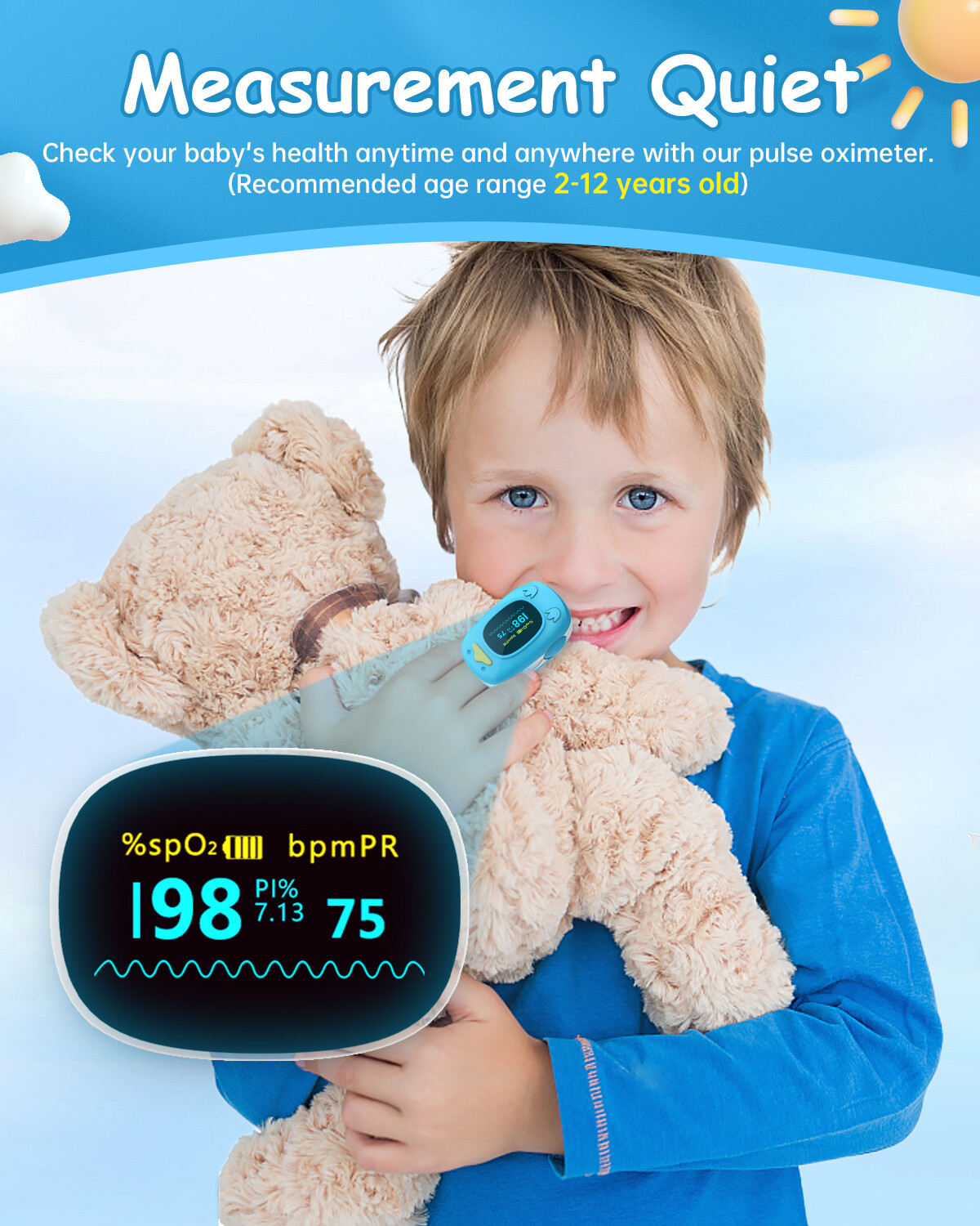 Baby Kids Finger Pulse Oximeter Pediatric SpO2 PR for Neonatal Children 1-12Year