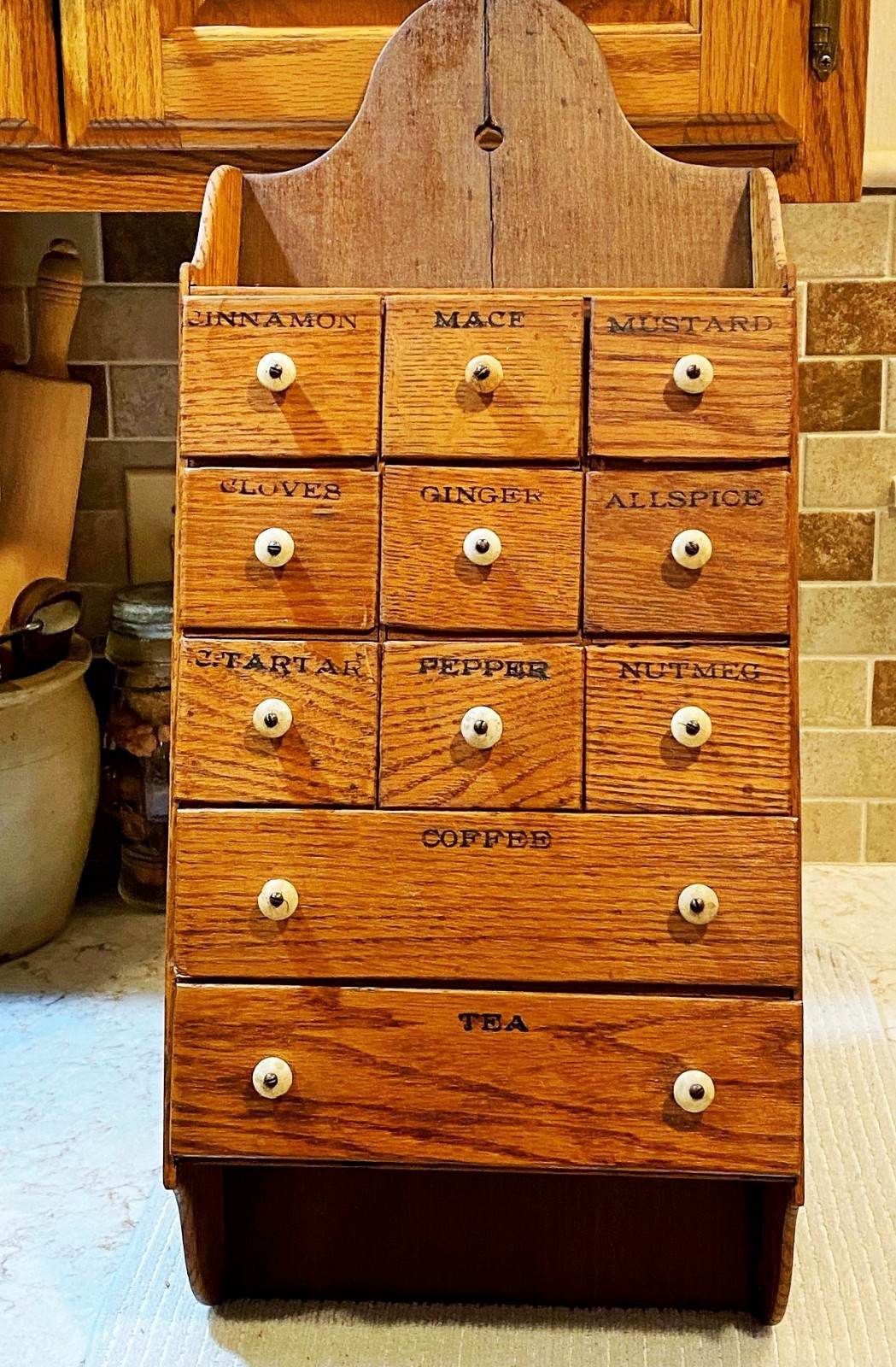 Antique OAK Wood Apothecary Spice Cabinet Primitive 11 Labeled Drawers 24" x 10"