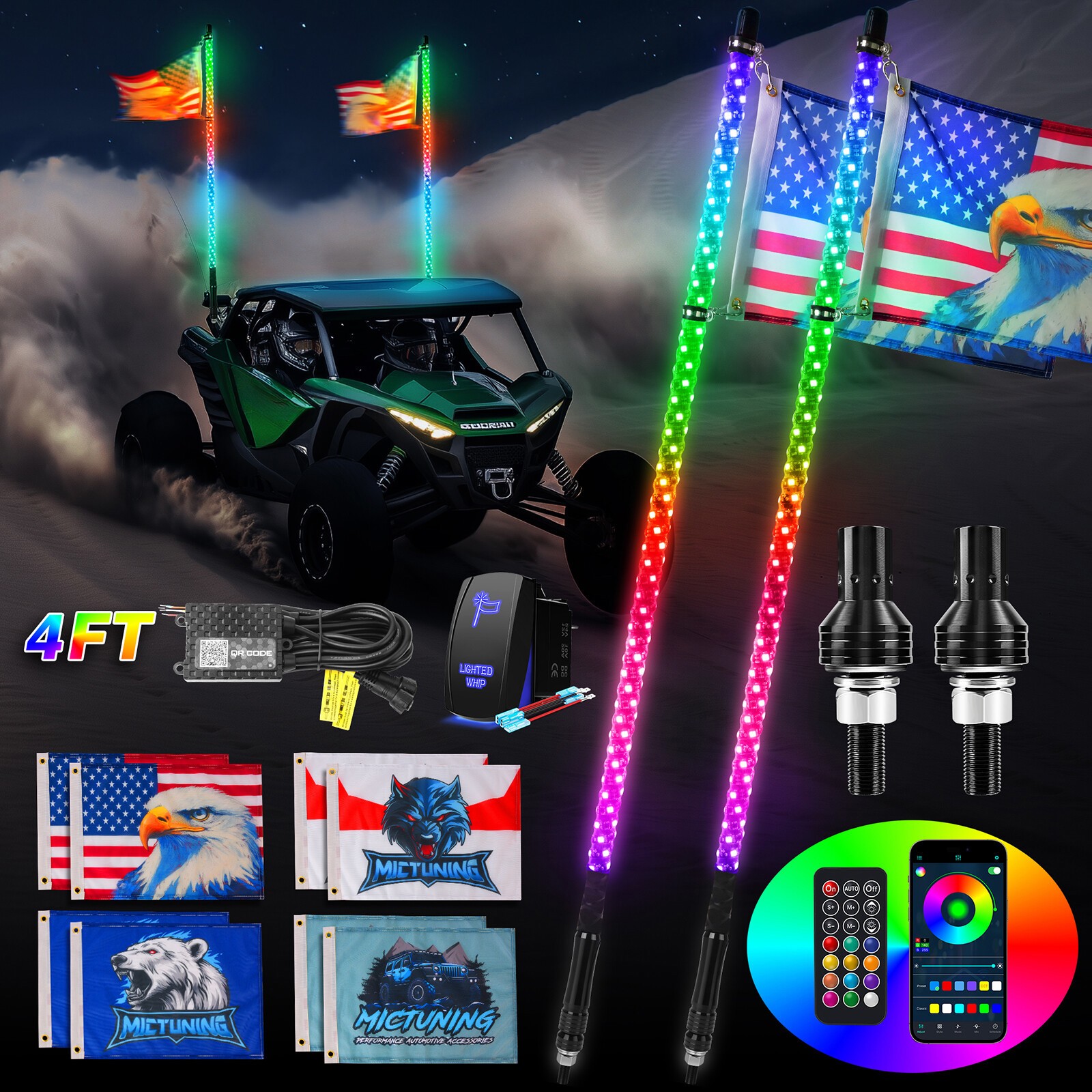 4ft RGB LED Spiral Whip Light Antenna with Flag & Remote for ATV UTV Polaris RZR