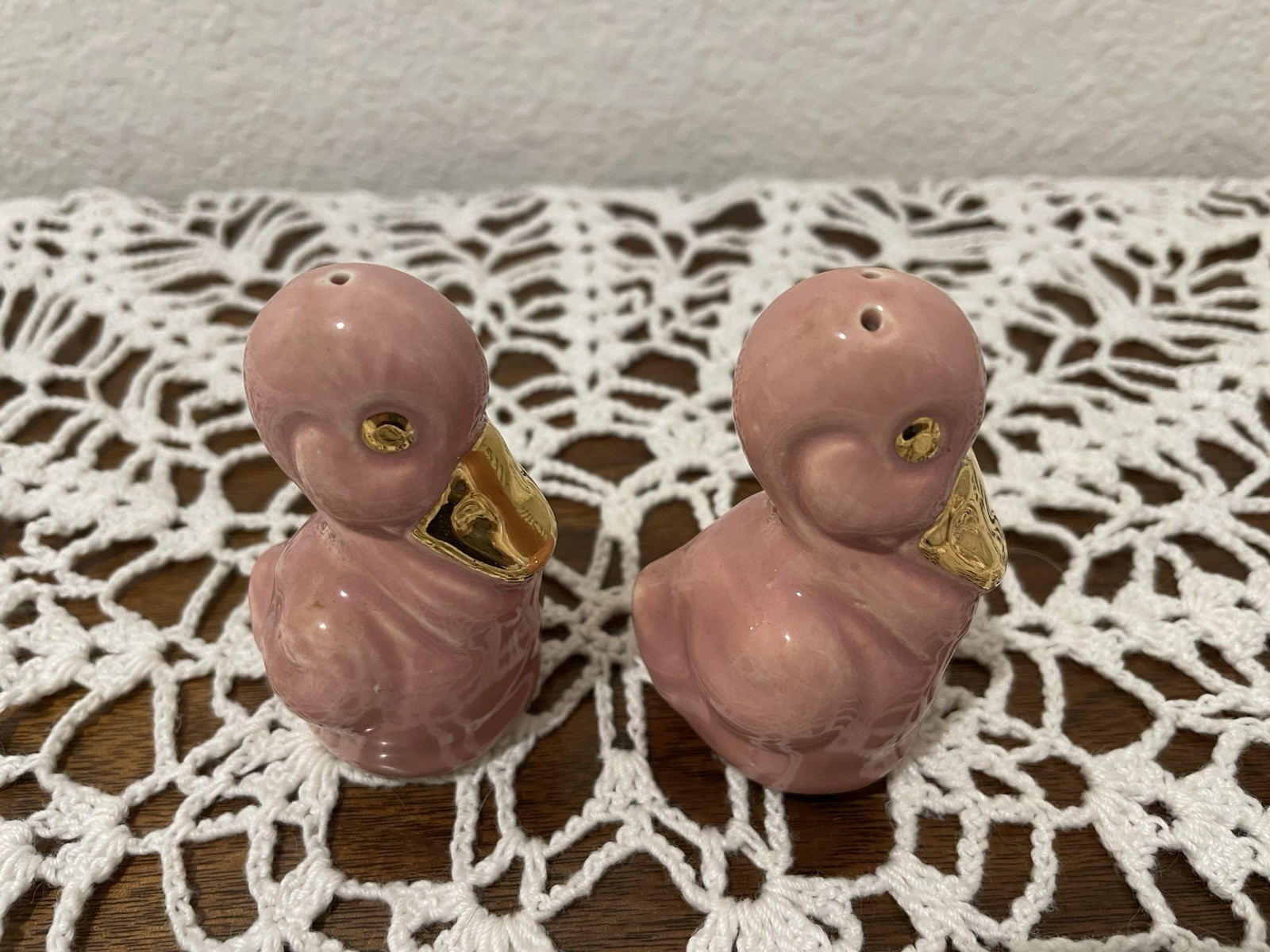 Vintage Pink and Gold Duck Salt and Pepper Shaker Set of 2