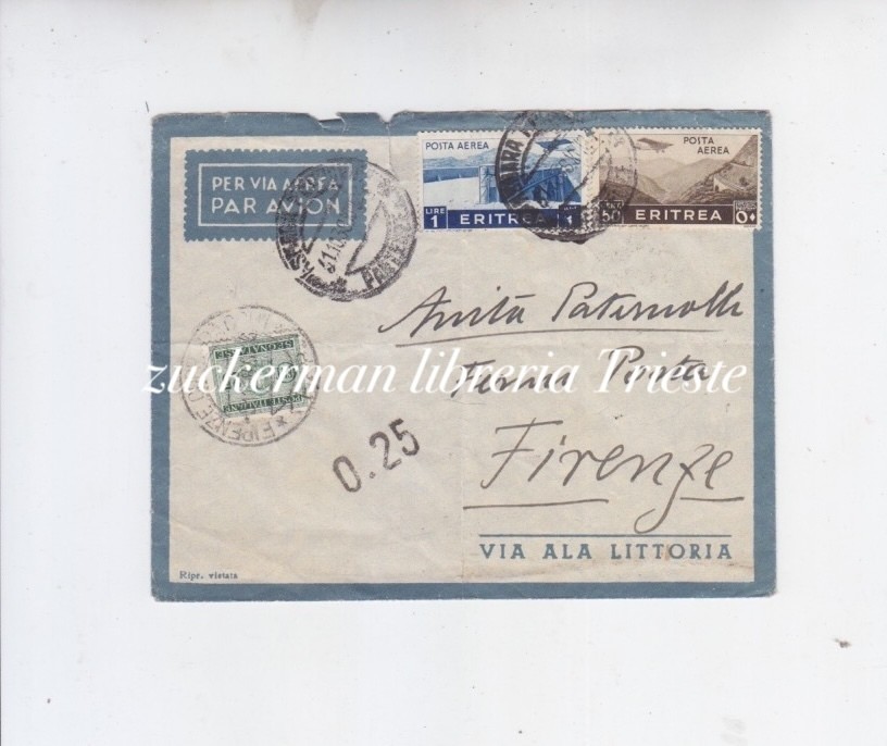 Full Postal Airmail ERITREA AFRICA AOI 1938 Colonies Coastal Florence