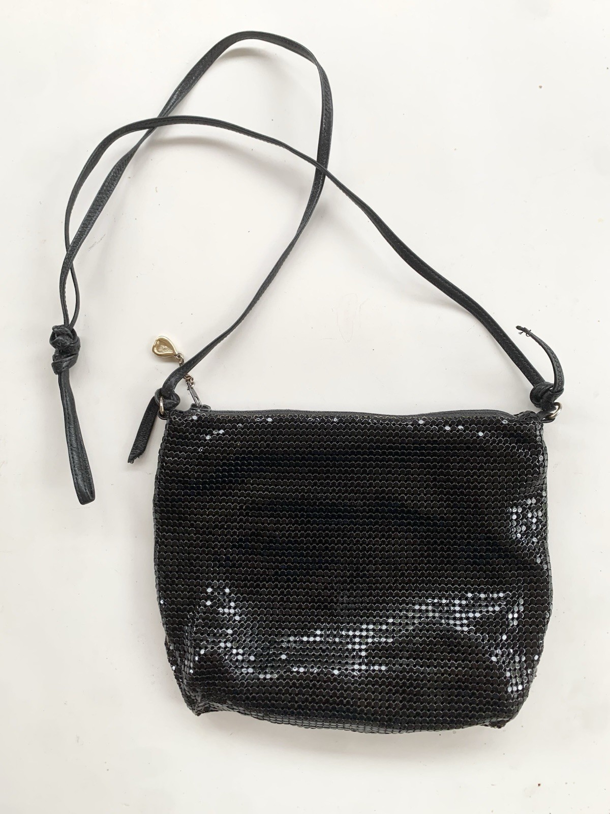 Vintage Whiting & Davis Black Metal Mesh Purse Bag Crossbody 7” Leather Strap