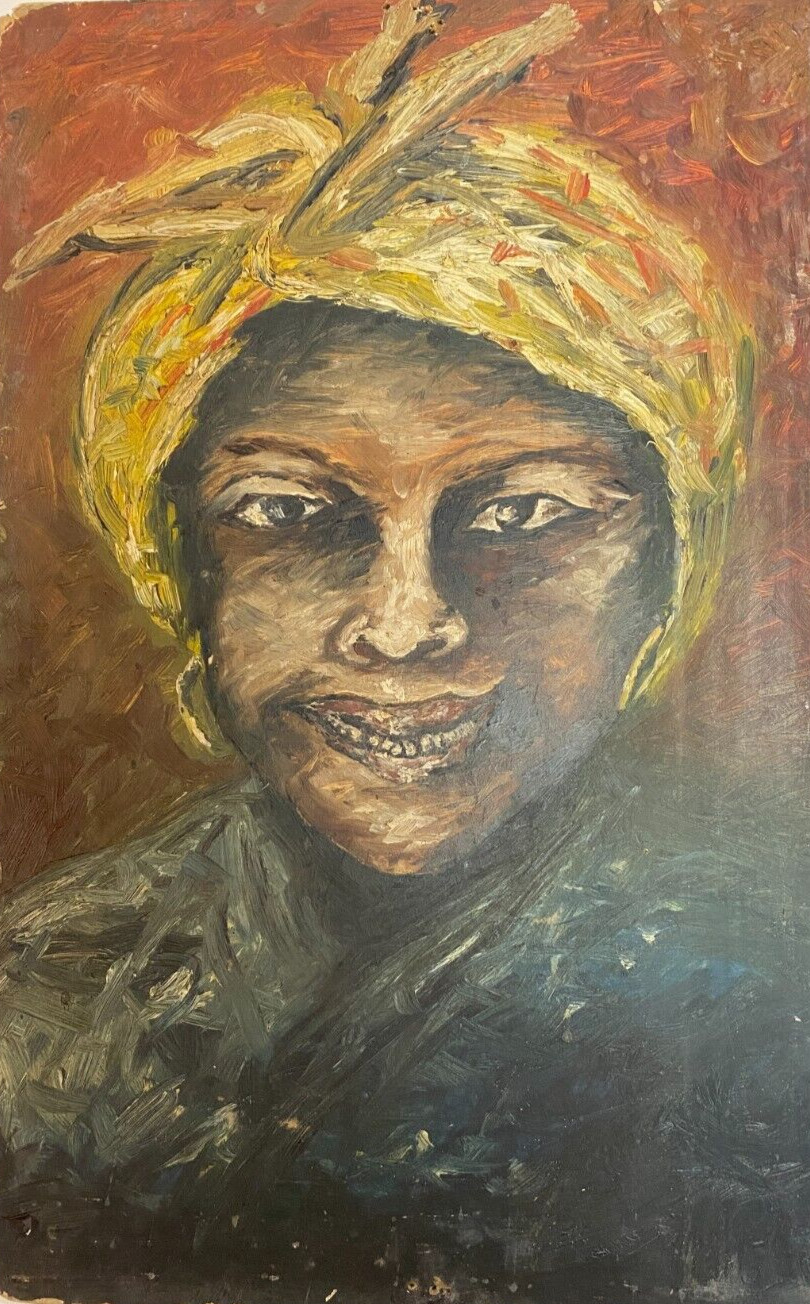 Primitive Black Americana Folk Art Oil Painting Portrait Of A Women
