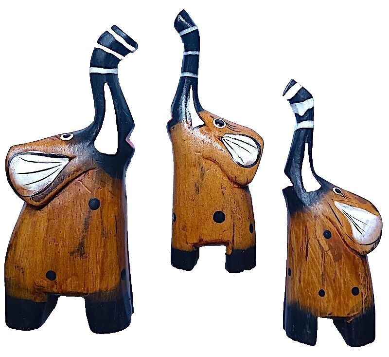 Wooden Elephants, Set of 3 Pieces, Hand Carved and Painted, 4.5" to 5" High