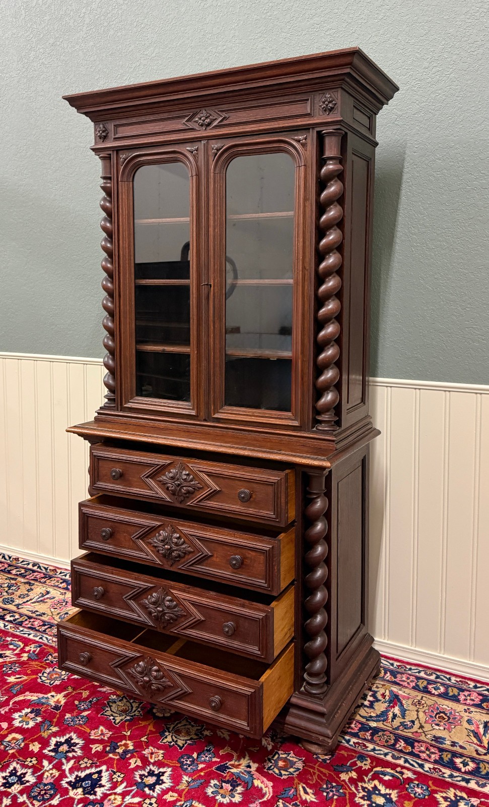Antique French Bookcase & Chest of Drawers Display Cabinet Barley Twist Oak
