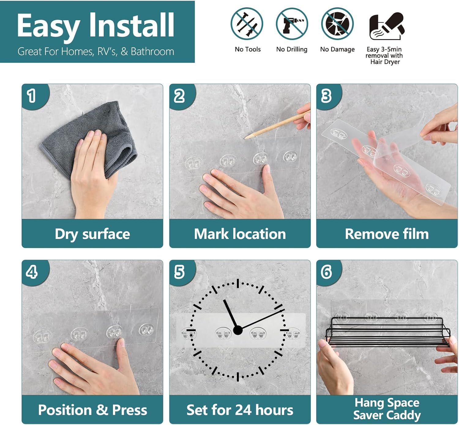 4 Pack Shower Caddy Adhesive Replacement, Strong Shower Shelf Adhesive Hooks for