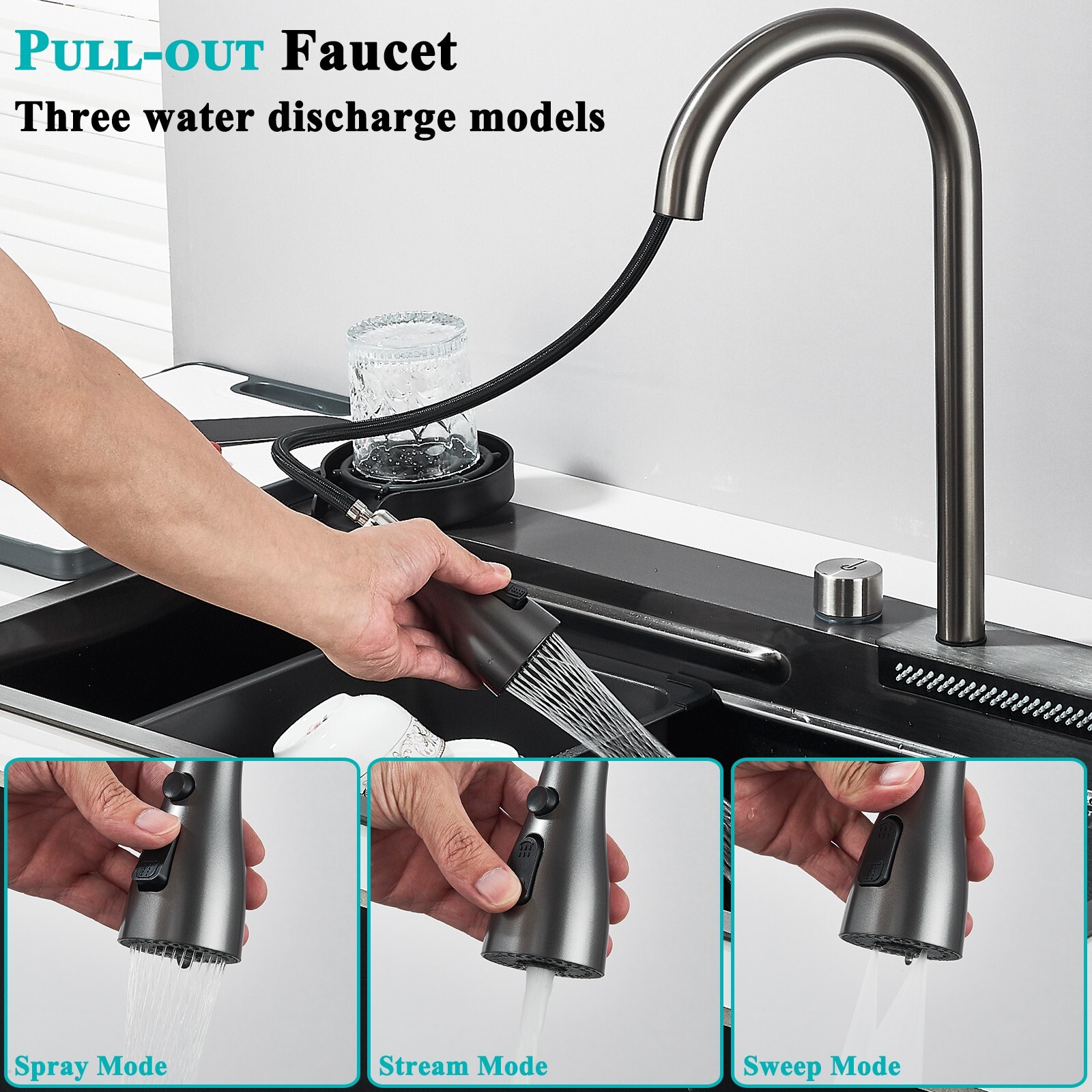 31.5" Flying Rain Stainless Steel Waterfall Kitchen Sink with Faucet Single Bowl