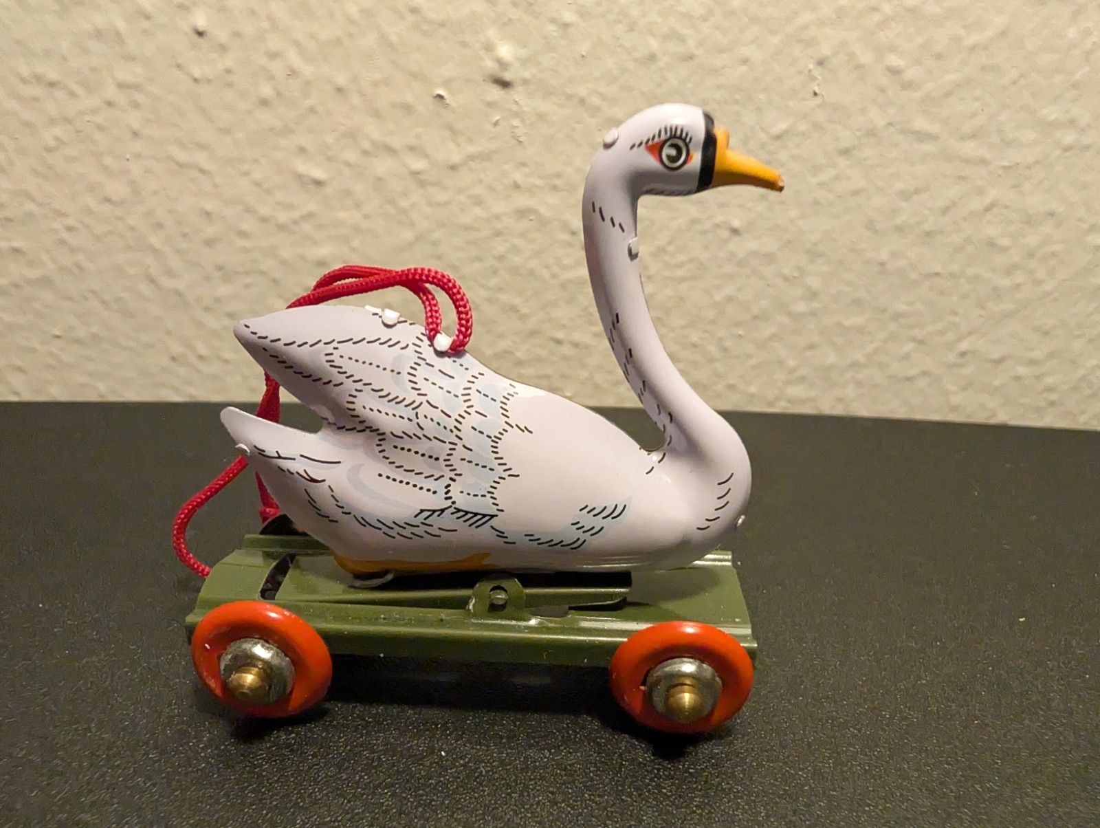 Vintage St. John Tin Toy Collection Series Christmas Ornament - Swan On Wheels