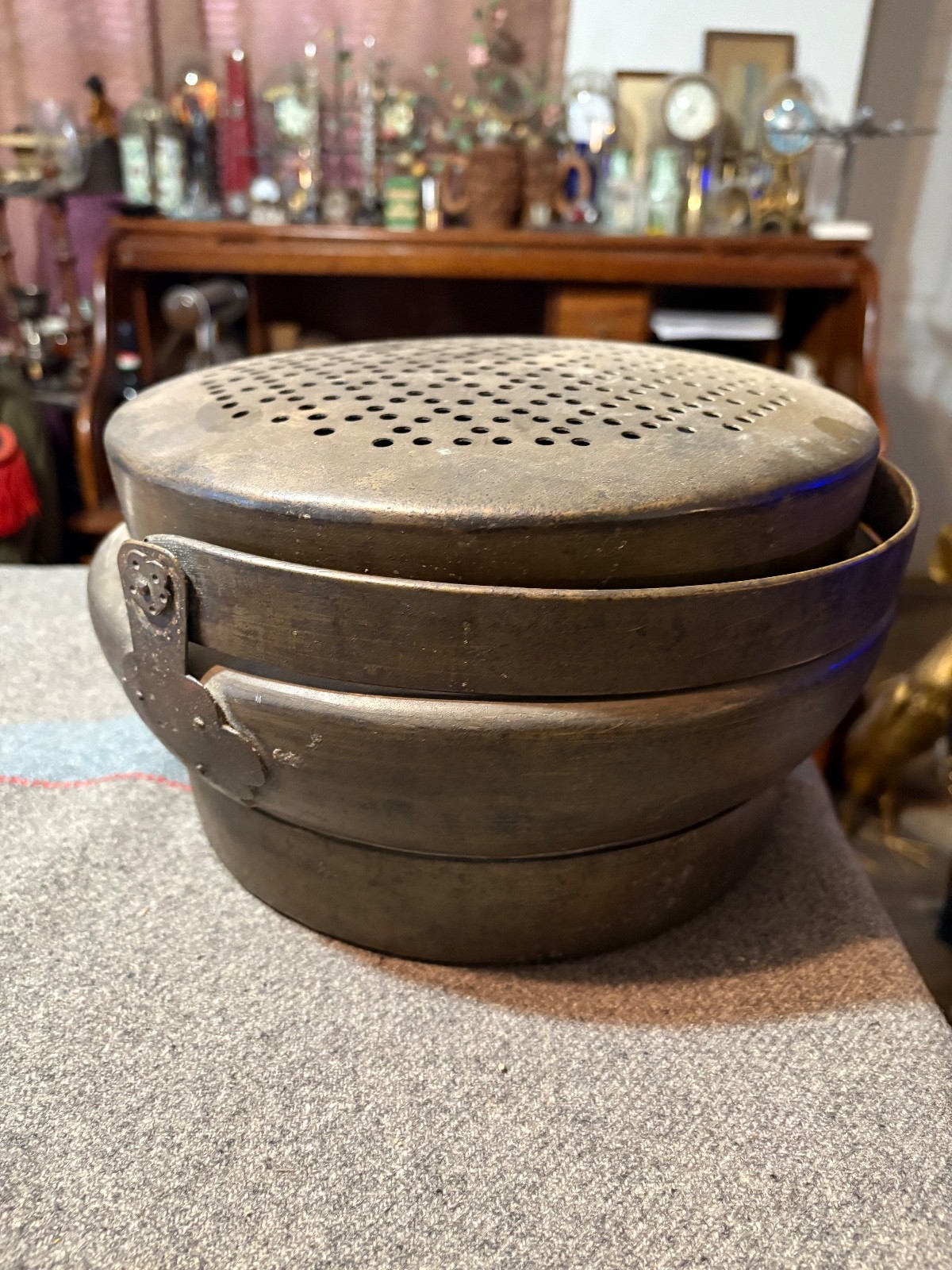 Antique Chinese bronze Hand Warmer w. lid & Handle 11" x 6"