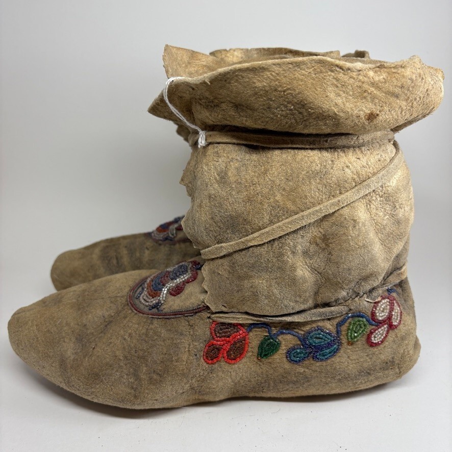 1920s Cree Native American Moccasins High-Top Beaded Pucker Toe Soft-Soled