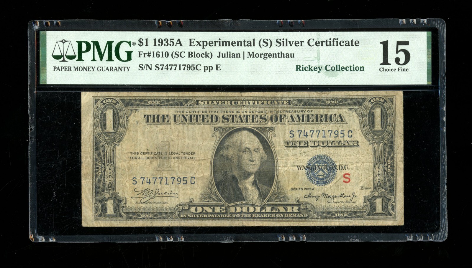 DBR 1935-A $1 Silver Experimental (S) Fr. 1610 PMG 15 Serial S74771795C