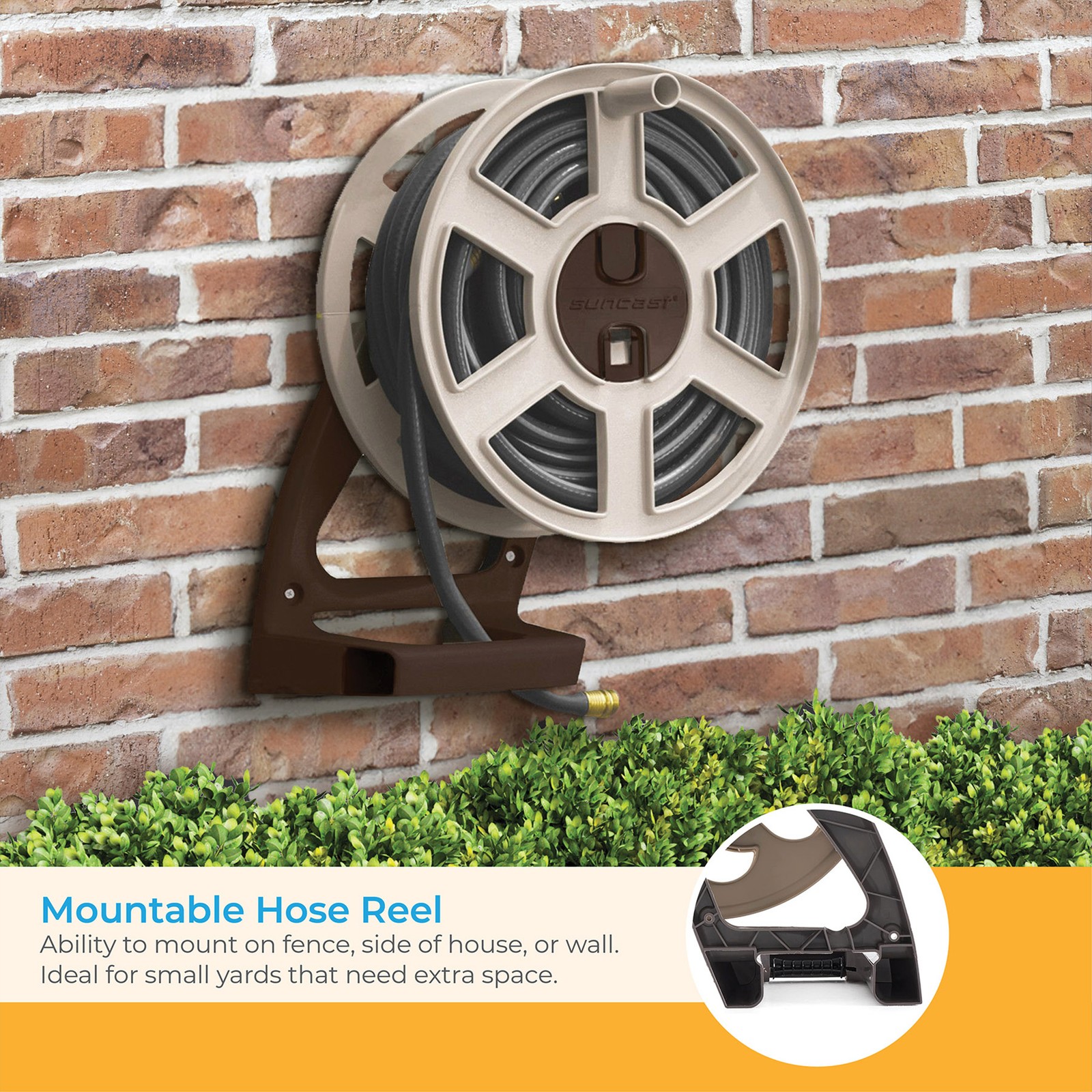 Suncast Sidewinder 100-Foot Wall Mount Garden Hose Reel, Taupe
