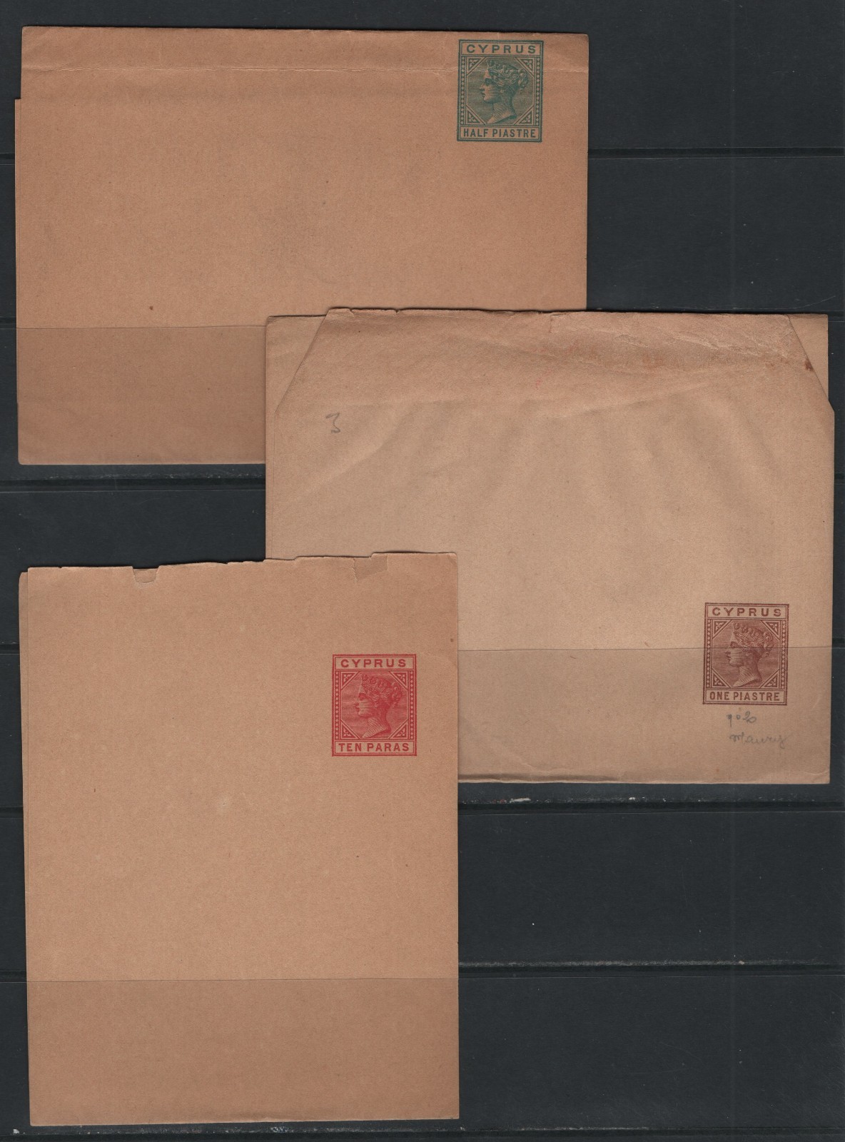 CYPRUS 1882 3 DIFFERENT MINT WRAPPERS WITH VALUES : HALF & ONE PIA , TEN PARAS