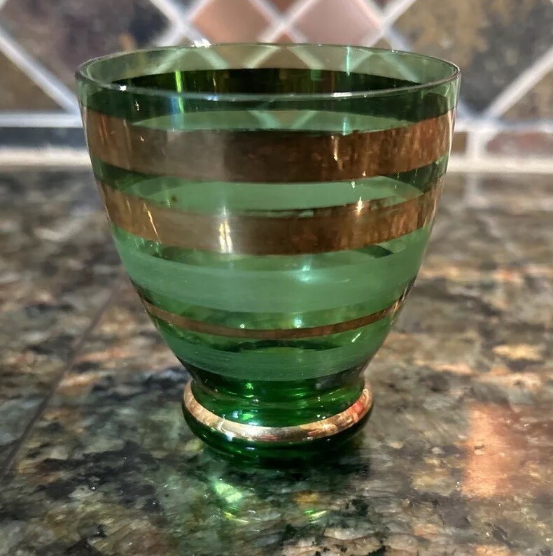 Borske Sklo Gold Banded Green Glass Decanter Mid Century Genie Jeannie Bottle