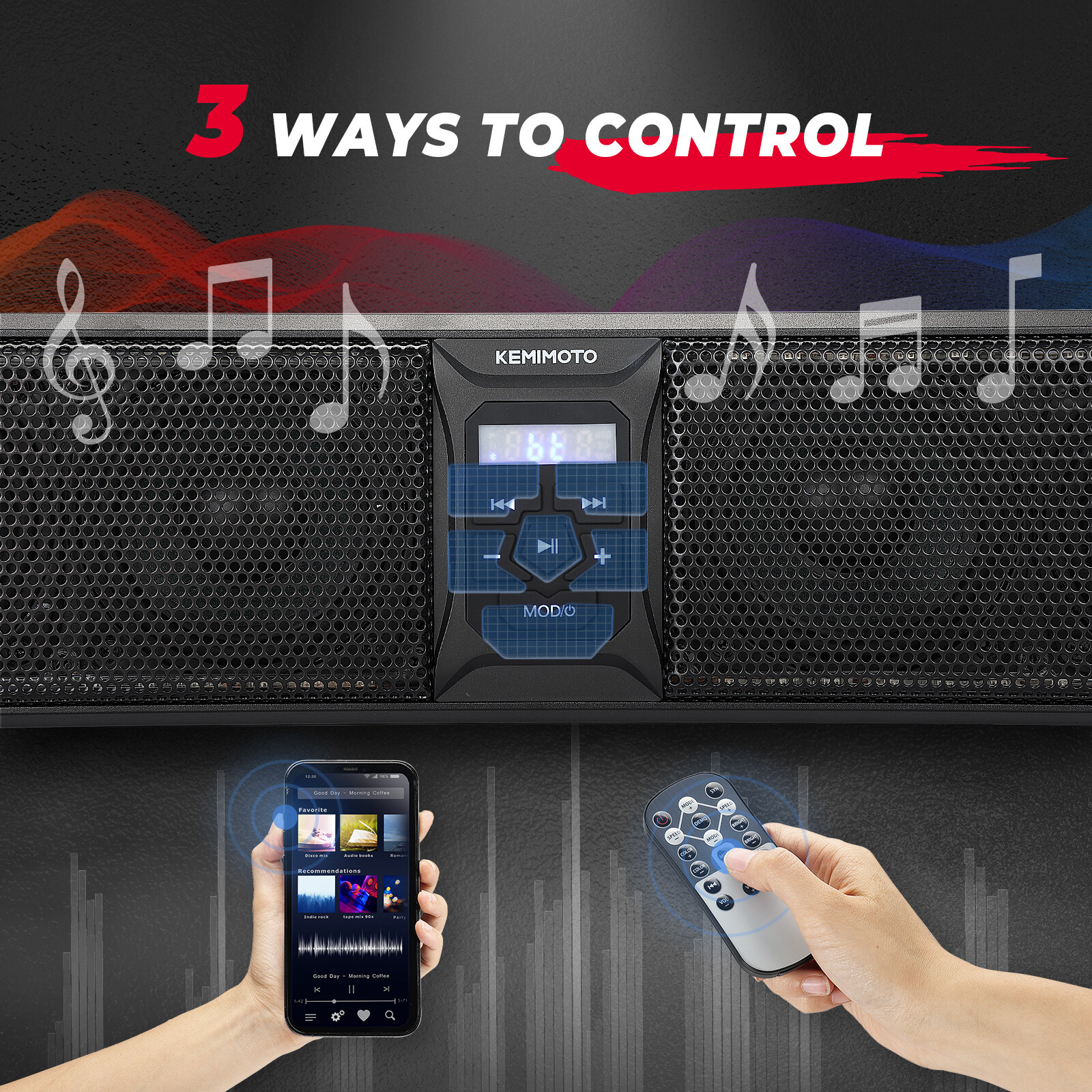 KEMIMOTO 26'' RGB UTV Sound Bar Bluetooth Speaker System for Polaris RZR Can Am