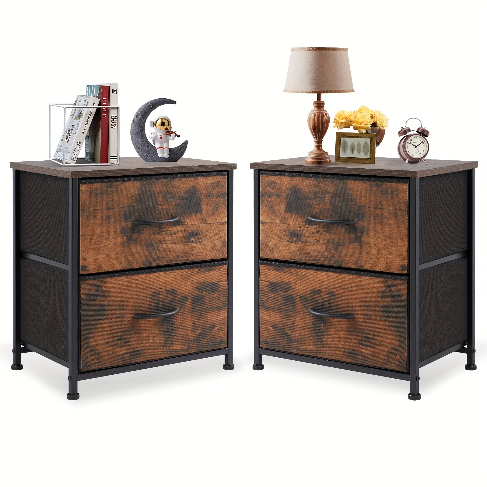 2 Pack Nightstand Dressers with Fabric Drawers Bedroom Storage Organizer Cabinet