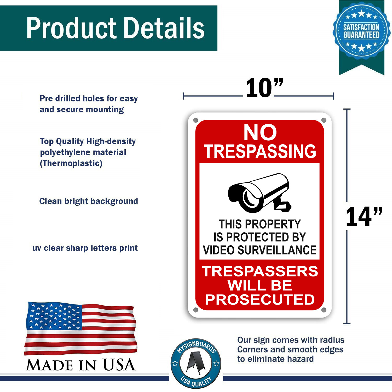 No Trespassing This Area Under Video Surveillance security camera 10"x 14" Sign