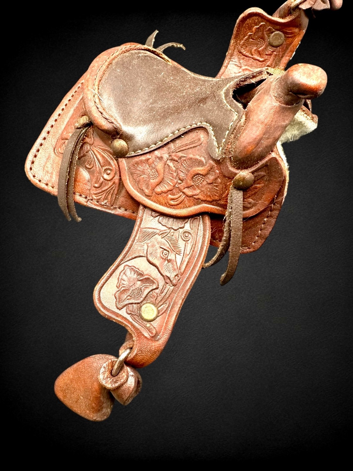 Vintage Miniature Western Saddle Salesman Sample Tooled Leather Cowboy Mini