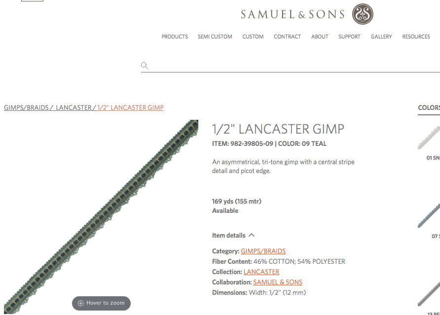 6.53 yds (4pcs=235") Samuel & Sons LANCASTER GIMP Beige 1/2"wide Trim