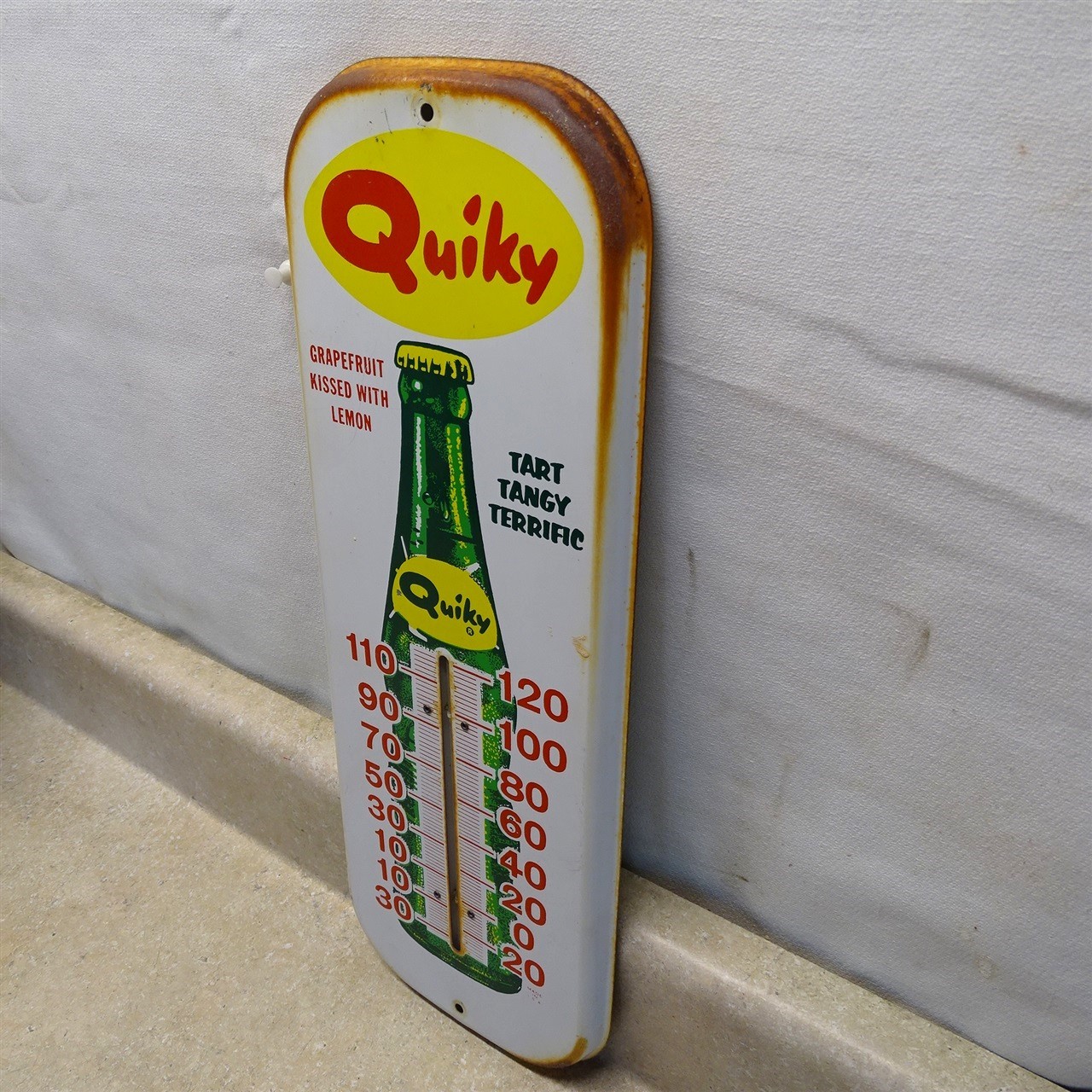 Vintage Quiky Lemon Thermometer Soda Pop, Original Metal, 16" Tombstone