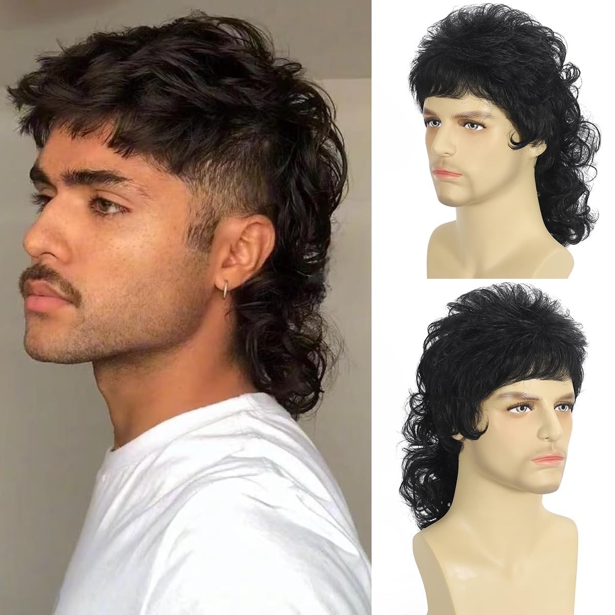 Curly Mullet Wig - Black Men's 80s Punk Rocker Wig for Halloween Costumes