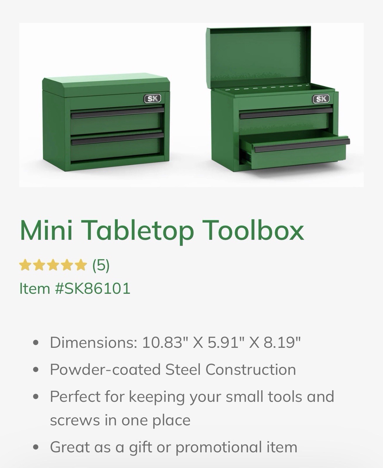 SK Tools S-K Green Table Top Tool Chest Toolbox Sk86101 86101 Nos