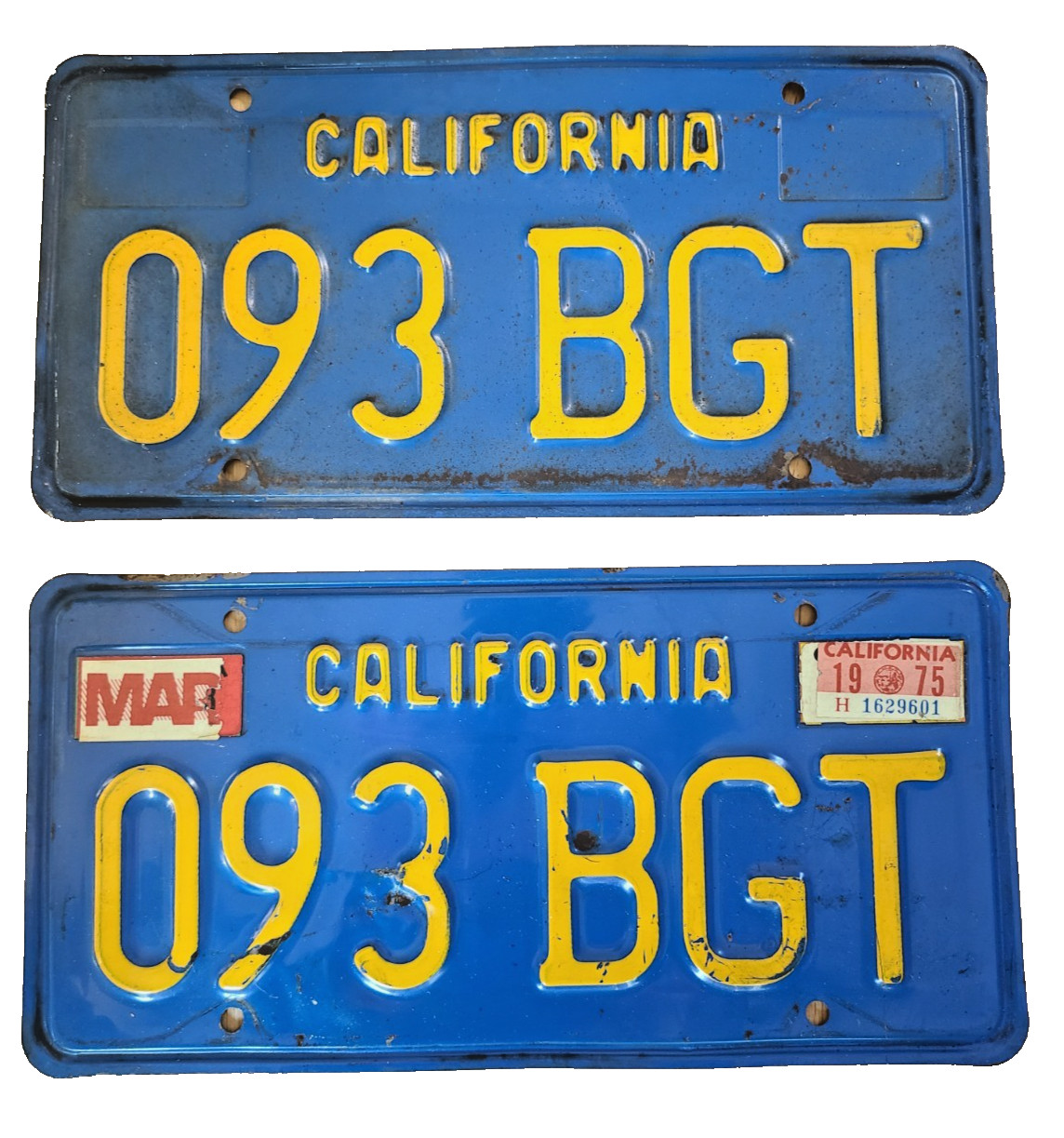 Pair 1970s California BLUE License Plates 1970s - 093 BGT -  1975 - DMV Clear