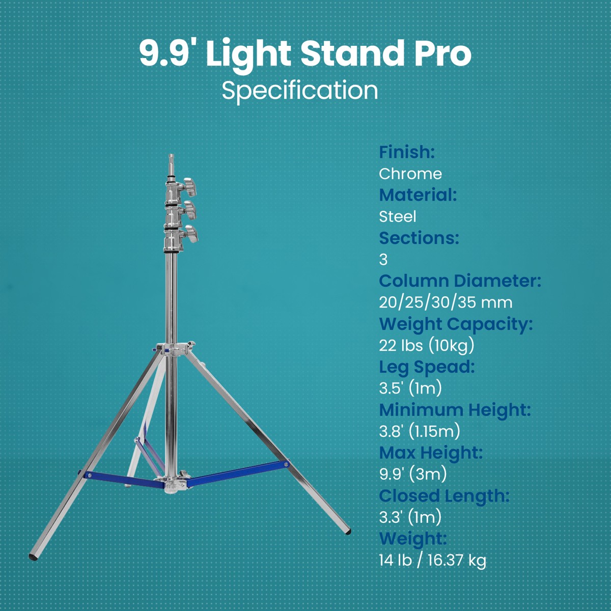 Flashpoint Flashpoint 9.9ft Steel Light Stand Pro with Leveling Leg, Silver, Max