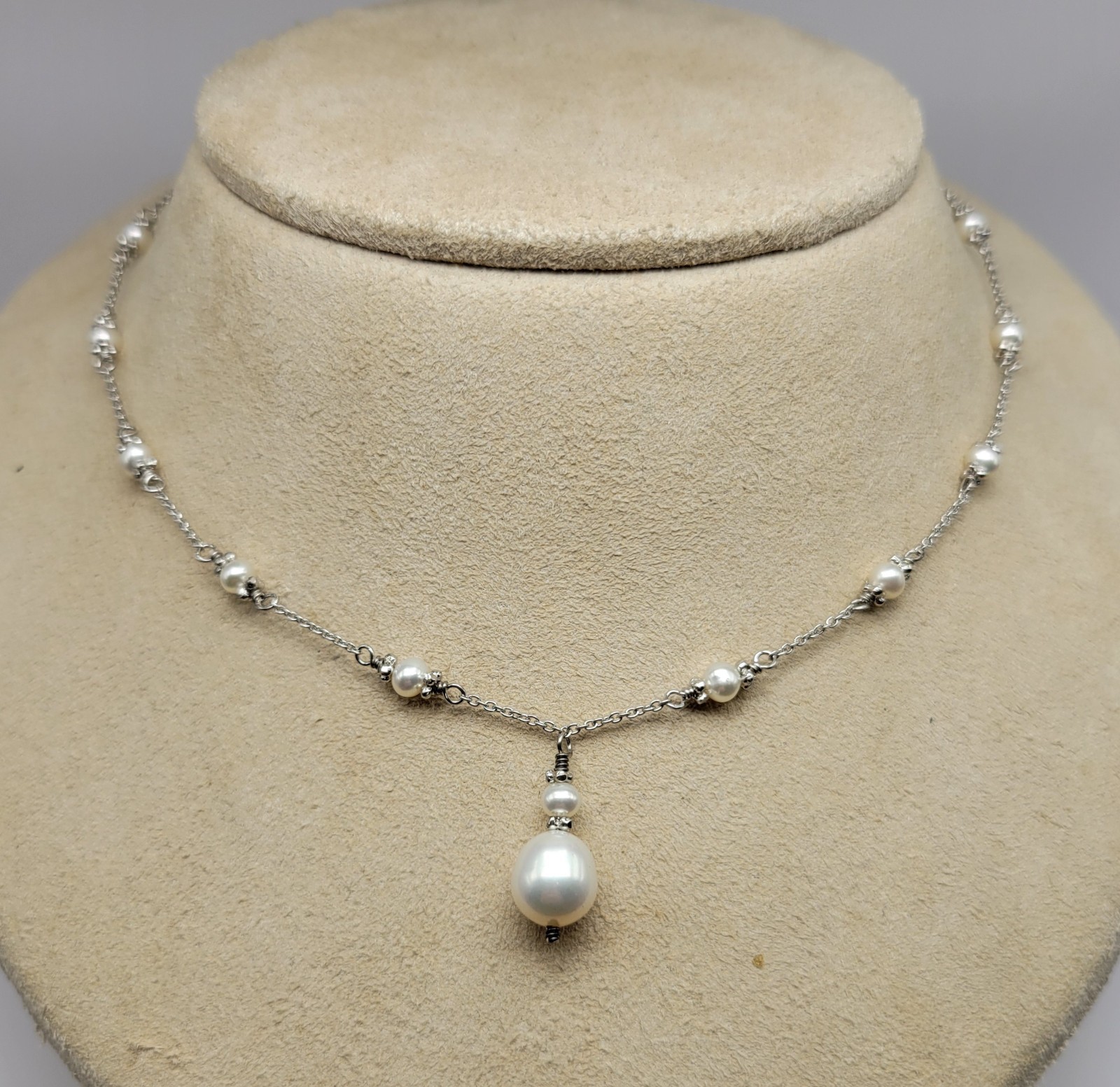 Sterling Silver Cultured Freshwater Pearl Station Pendant Necklace ~ 15" - 18"