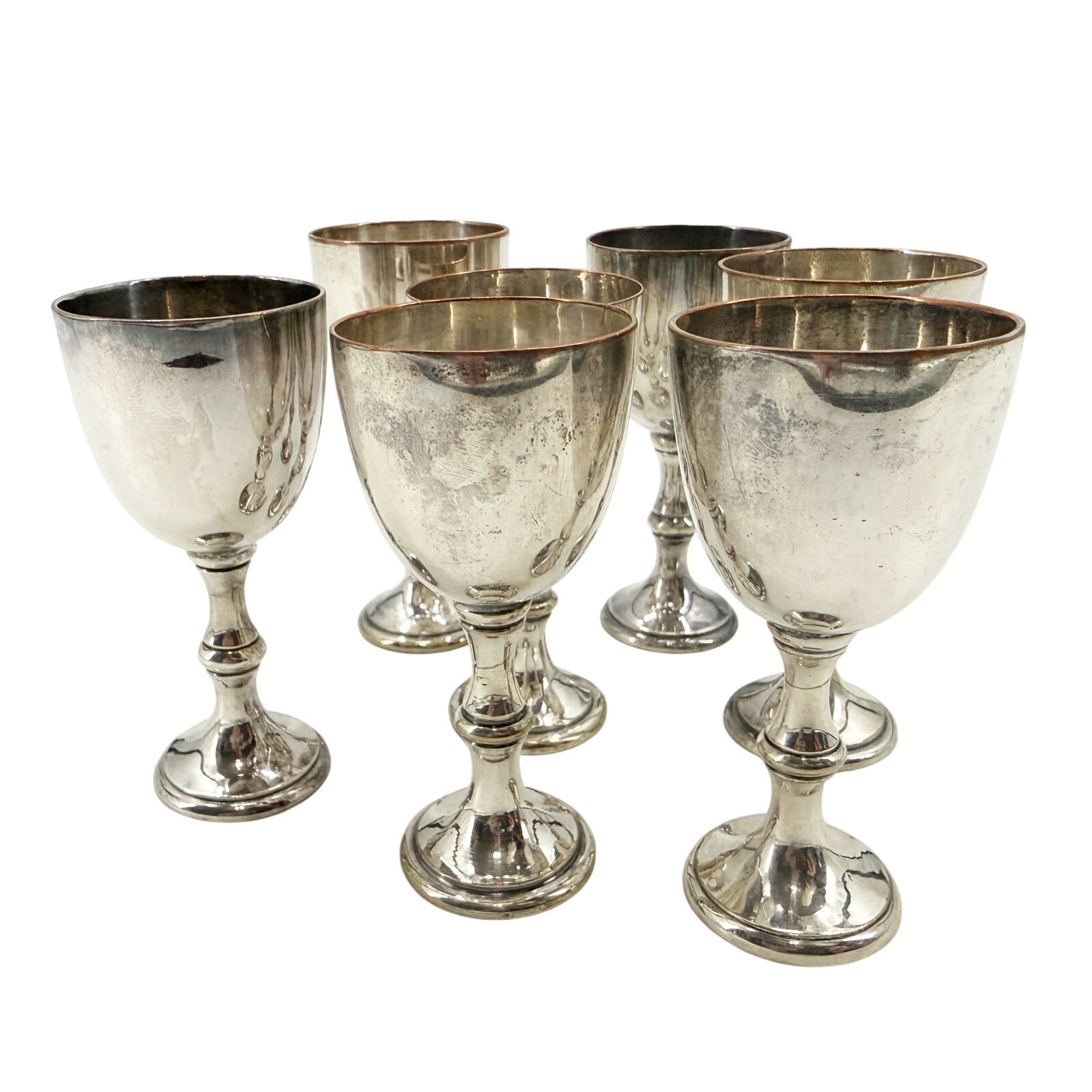 vintage set of 7 silver-plated small Cordial Goblets 3.5" tall mini metal cups