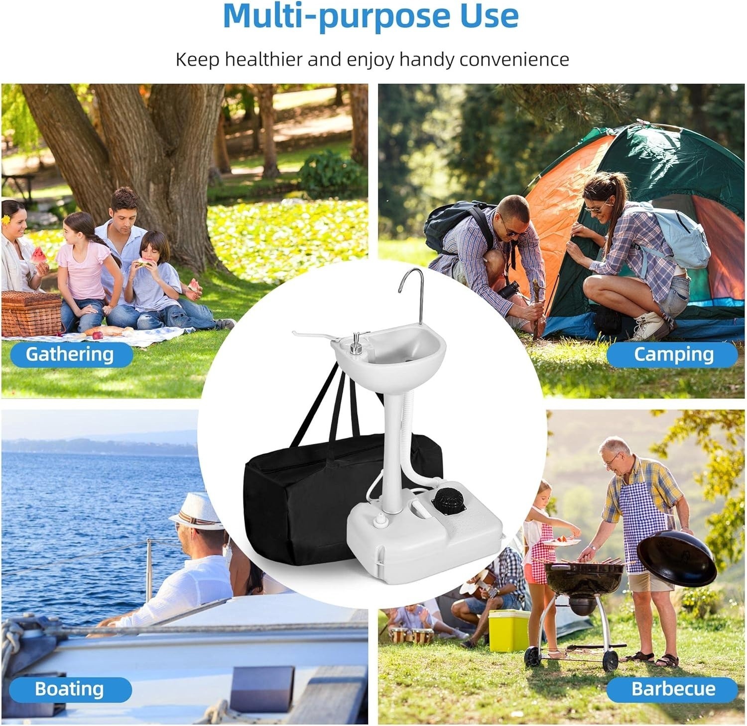 Lavamanos portátil para acampar con base de 17 L y bolsa de transporte (Blanca)