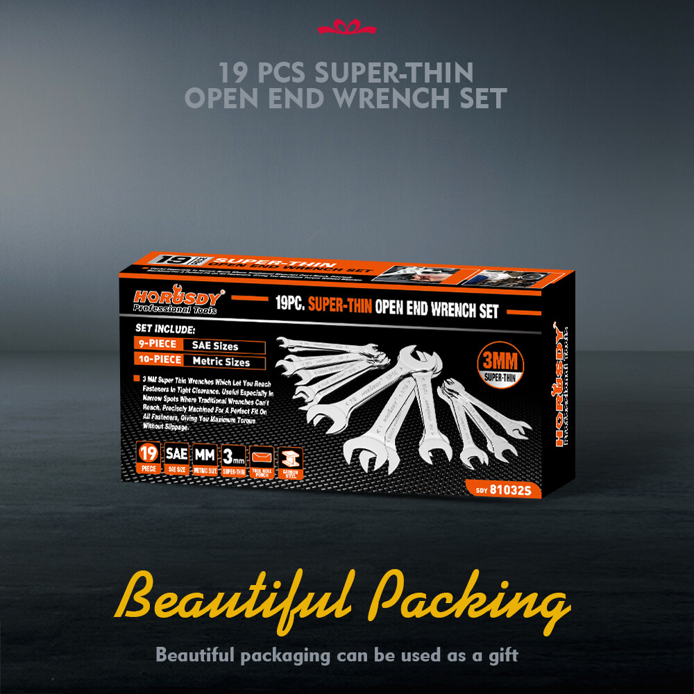 19PC SAE & Metric Thin Open End Wrench Set Bike Wrench Set W/ Rolling Pouch CR-V